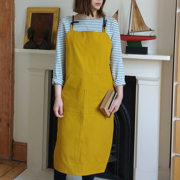 Kite Shape Crossback Apron, Mustard Canvas, Adjustable. Unisex No22