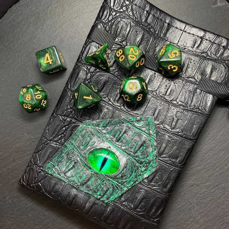 Green Dragon Polyhedral 7 Dice Set and Hand Painted Dragon Eye Pouch