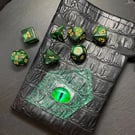 Green Dragon Polyhedral 7 Dice Set and Hand Painted Dragon Eye Pouch