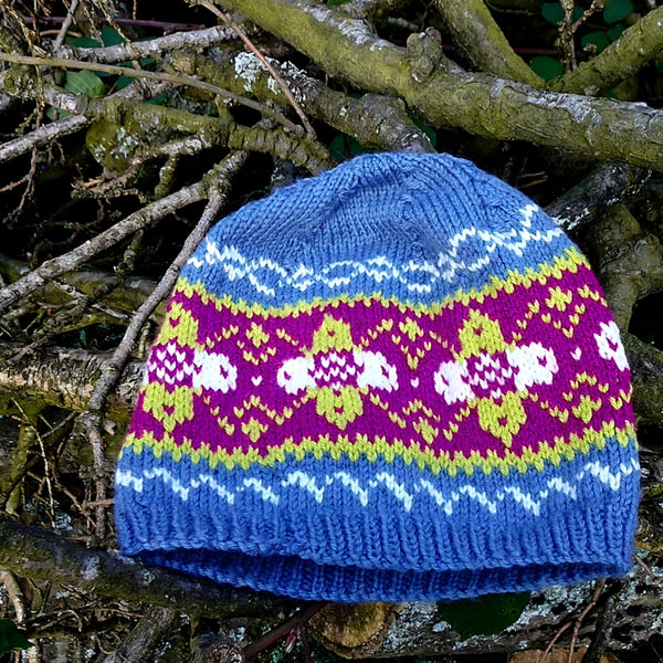 Handknitted fairisle unique beanie hat