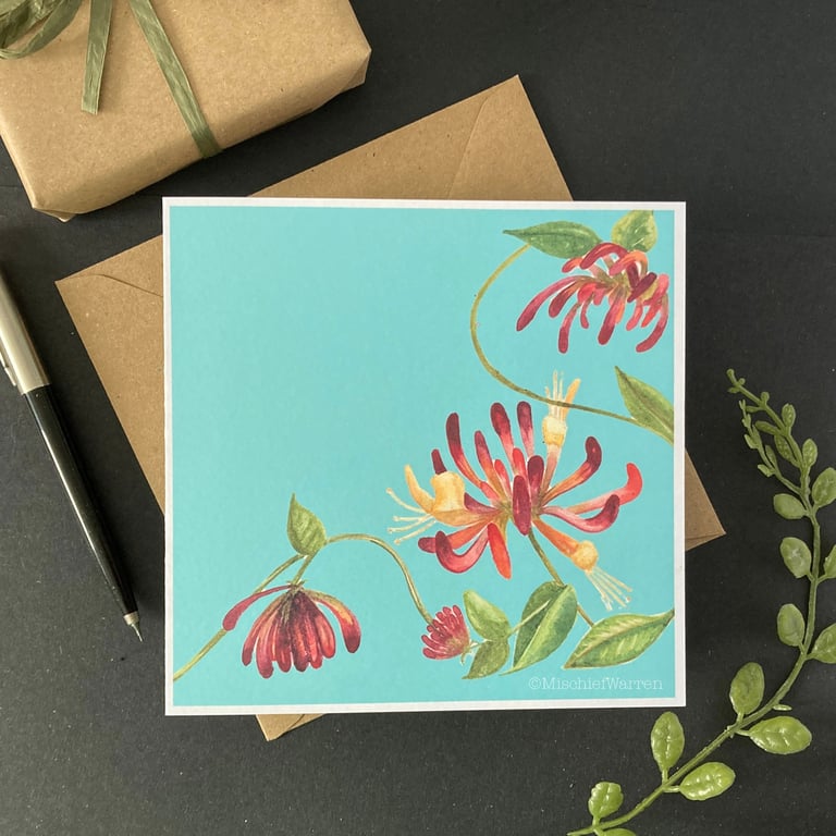 Honeysuckle card. Handmade blank floral card from my painting. Modern art.