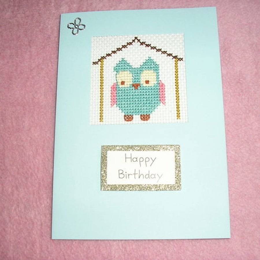 Hand Embroidered  - Happy Birthday Card -Bird . Owl