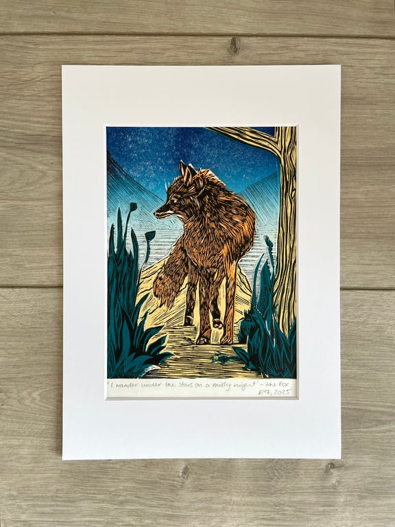 Fox Lino Print - Wildlife Linocut - original lino print - colourful lino print