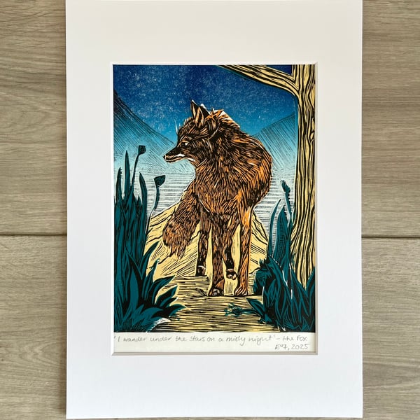 Fox Lino Print - Wildlife Linocut - original lino print - colourful lino print