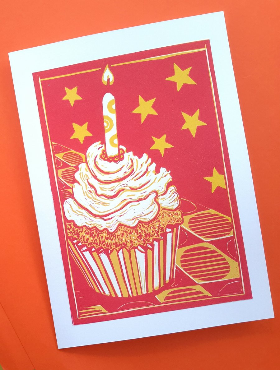 Lino printed Cupcake blank greetings card Pink or Orange