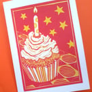 Lino printed Cupcake blank greetings card Pink or Orange