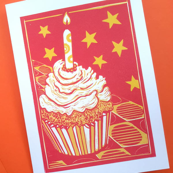 Lino printed Cupcake blank greetings card Pink or Orange