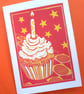 Lino printed Cupcake blank greetings card Pink or Orange - Image 1