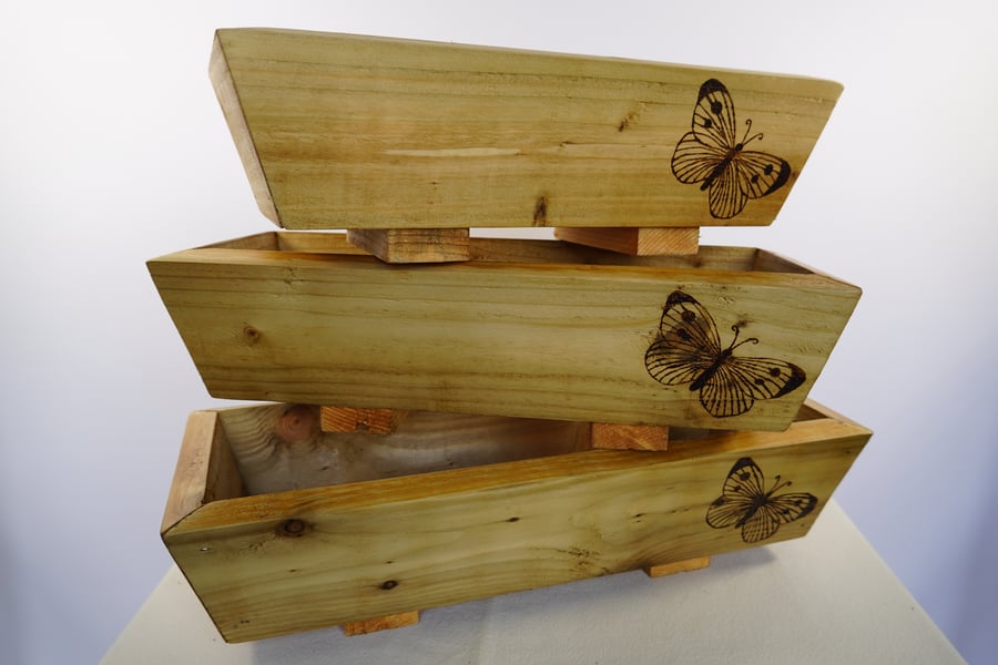 Wooden Butterfly Planters - Set of Three