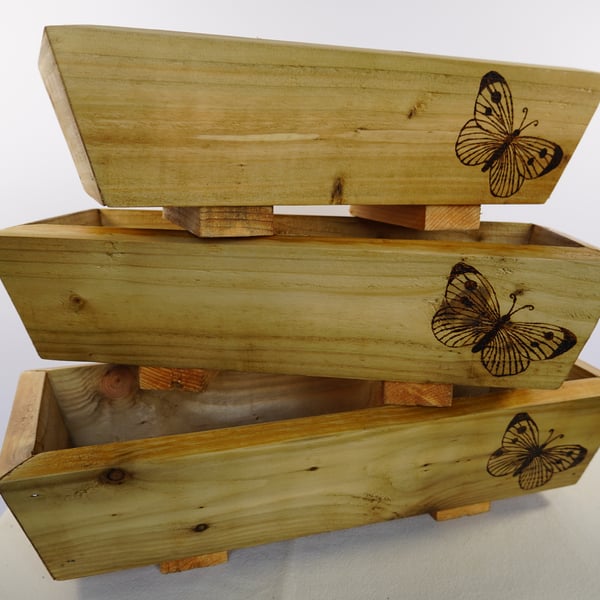 Wooden Butterfly Planters - Set of Three