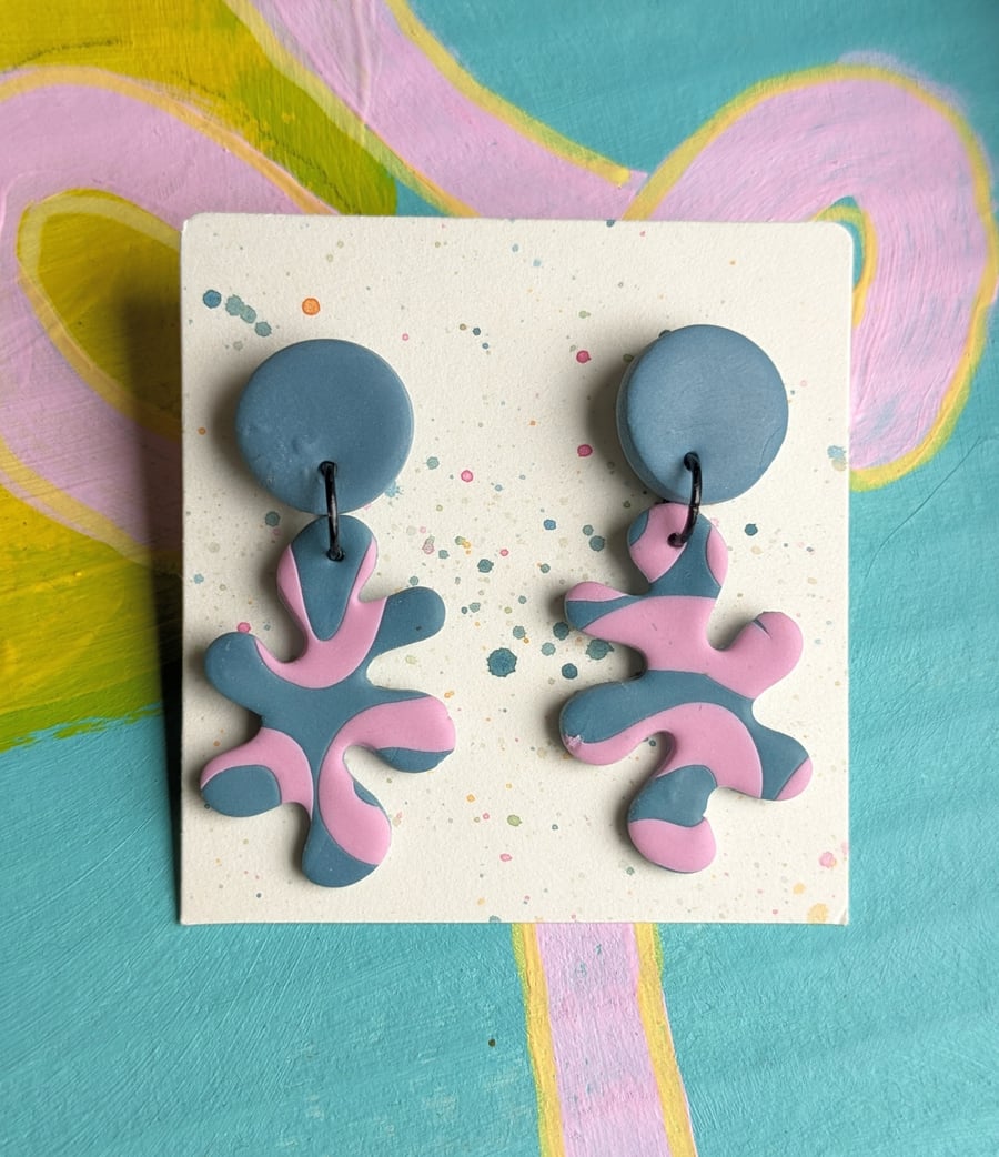 Blue and pink splat  dangly earings 