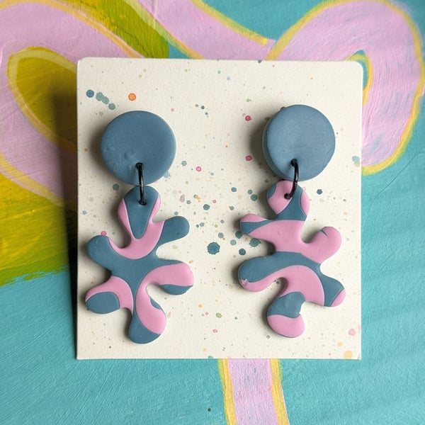 Blue and pink splat  dangly earings 