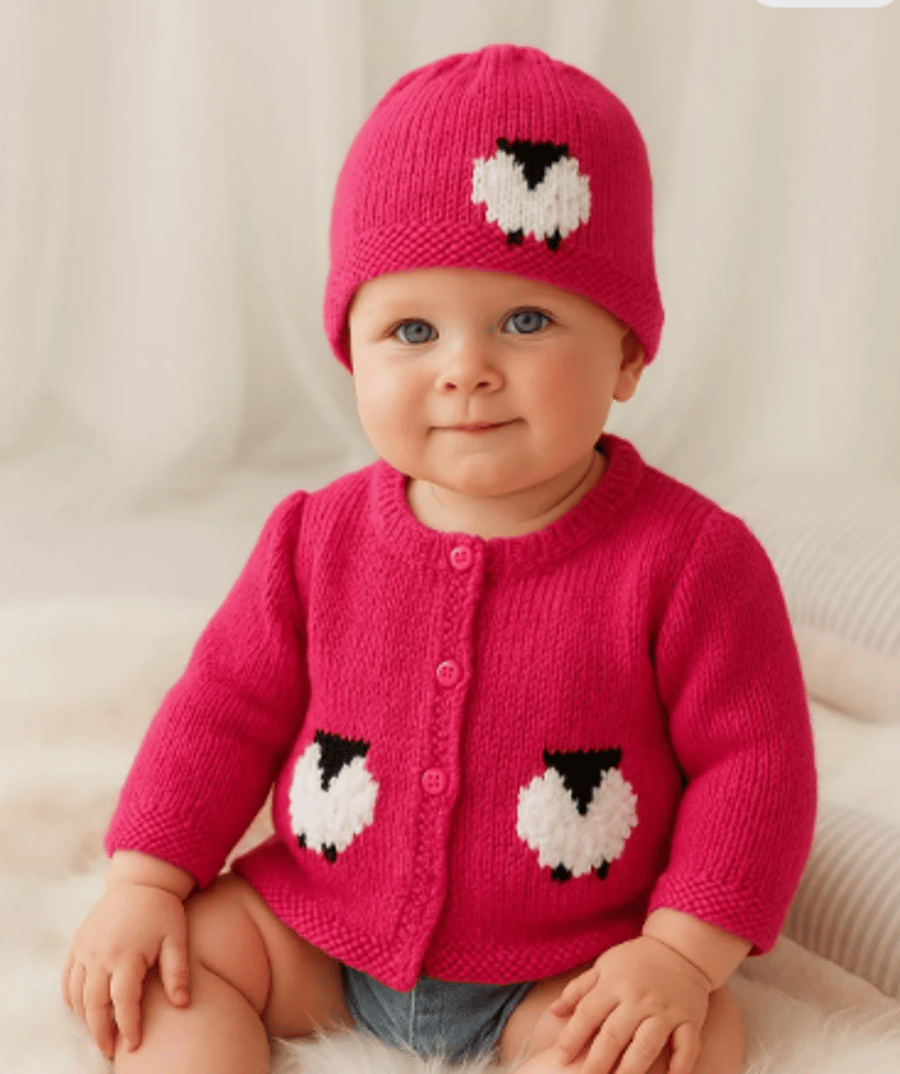Knitting Pattern for Baby Sheep Cardigan and Hat for Boy or Girl.  Digital