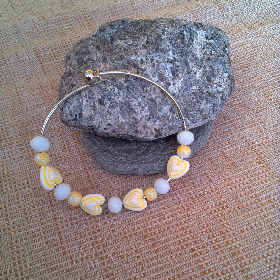 Rigid Bangle with Yellow Hearts and White Faceted Beads, Gift for Her, Bangle