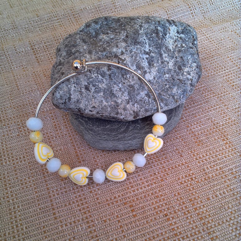 Rigid Bangle with Yellow Hearts and White Faceted Beads, Gift for Her, Bangle