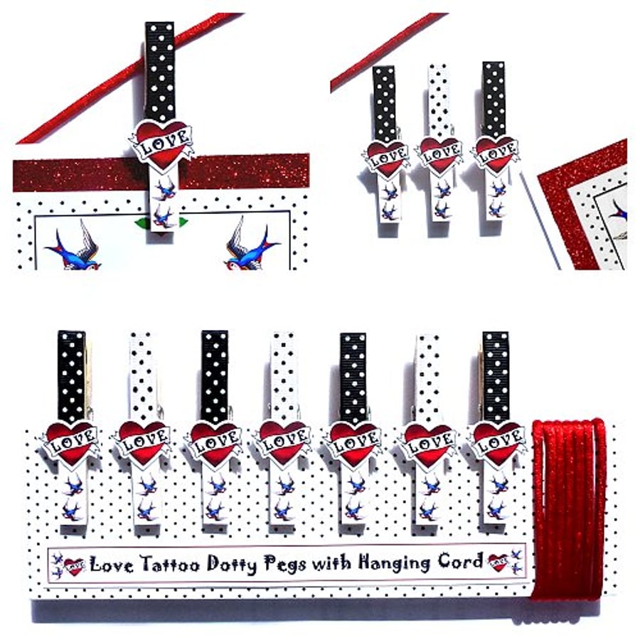 Gift set of 7 Love Tattoo Dotty Pegs with Hanging Cord