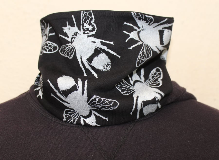Handmade stretch cotton Neck warmer, hand printed bee print,black Snood scarf.