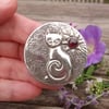 Silver Pewter Cat Brooch with Garnet, Sphynx Cat