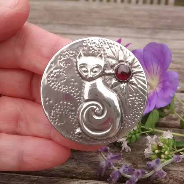Silver Pewter Cat Brooch with Garnet, Sphynx Cat