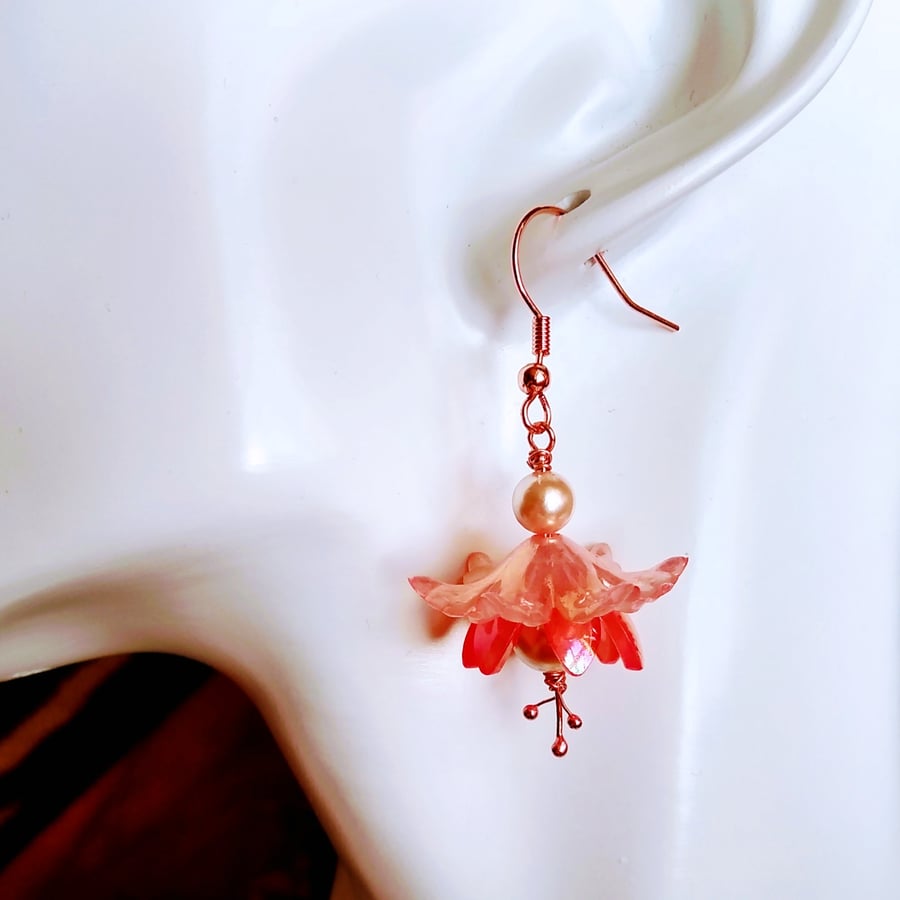 Peach Flower Shell Pearl Drop Earrings