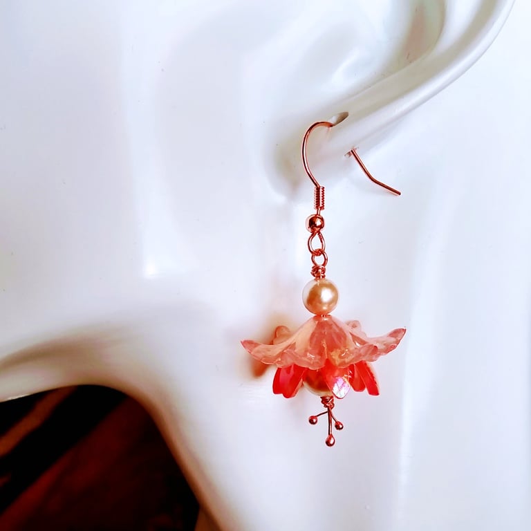 Peach Flower Shell Pearl Drop Earrings