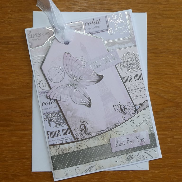 Best Wishes Just For You Card - Floral Pocket & Tag 