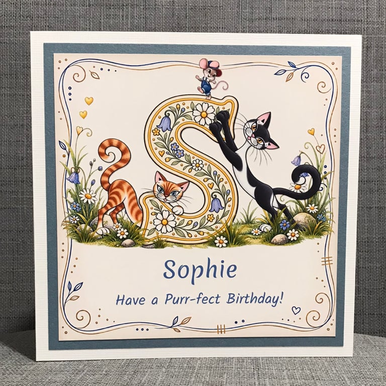 Personalised Initial Cat Card – Quirky Cats A-Z Birthday Card – Handmade Card