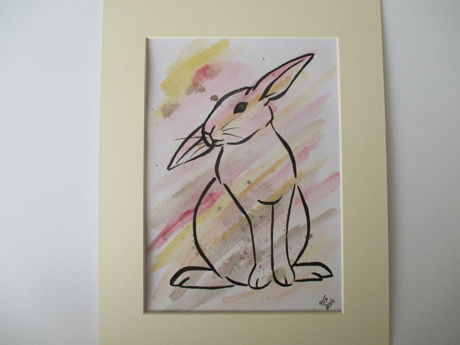Bunny Rabbit Watercolour Original Painting Line Drawing Art in Mount Wildlife