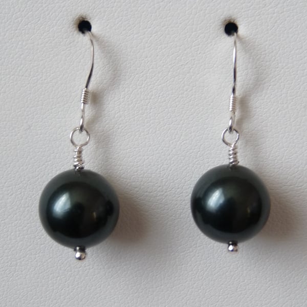 Deep Forest Green Shell Pearl Earrings - Handmade - Sterling Silver 