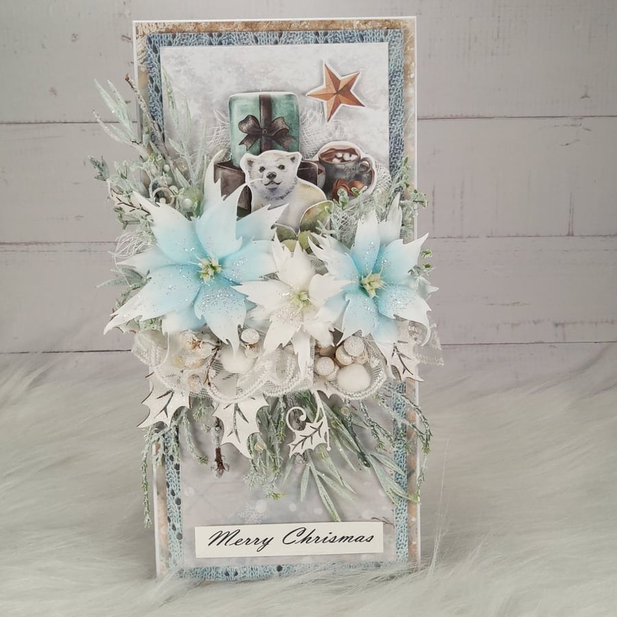 Handmade Christmas Card (42) Polar Bear & Winter Flowers