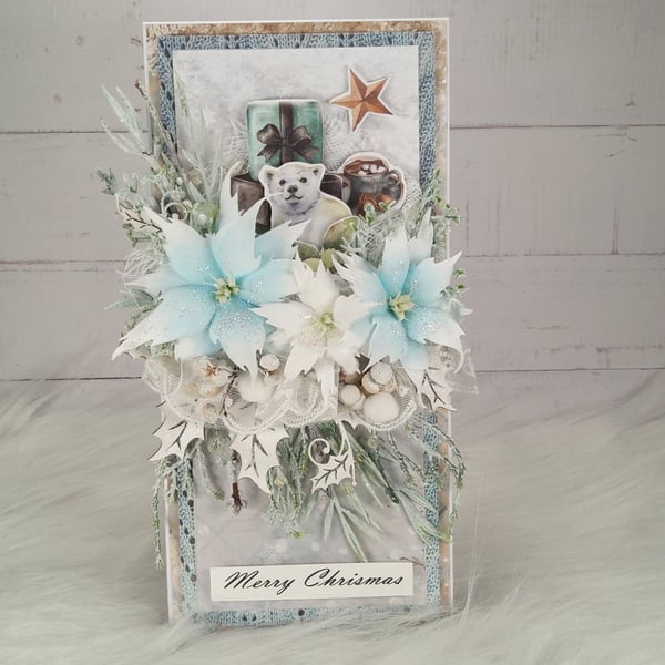 Handmade Christmas Card (42) Polar Bear & Winter Flowers