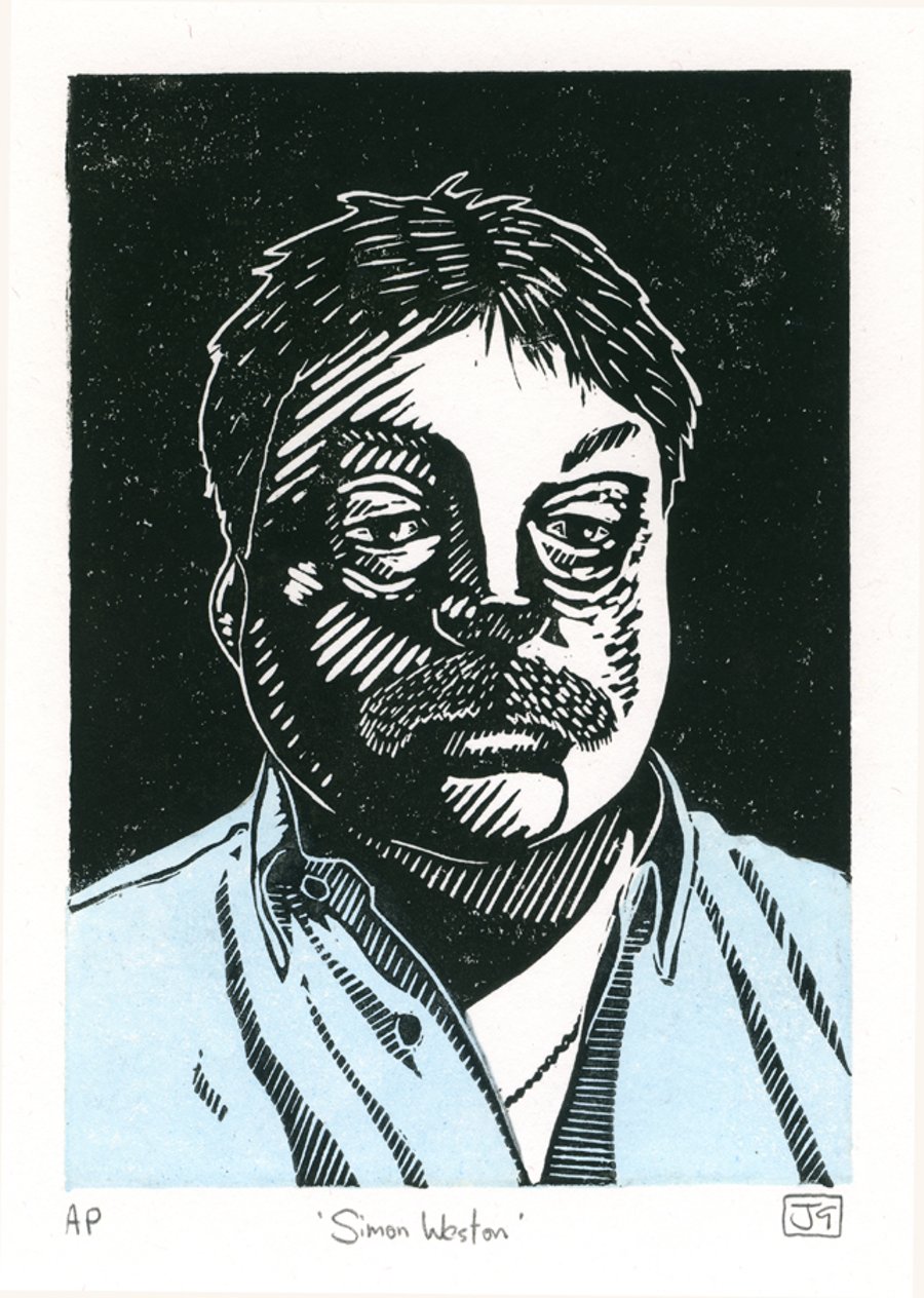 Simon Weston 2-colour linocut print for 'Changing Faces' charity