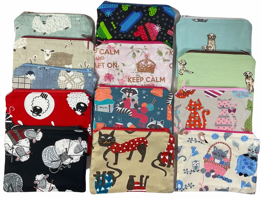 Small zip pouch for crafting notions, sheep knitting notions case, cat coin pouc