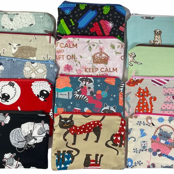 Small zip pouch for crafting notions, sheep knitting notions case, cat coin pouc