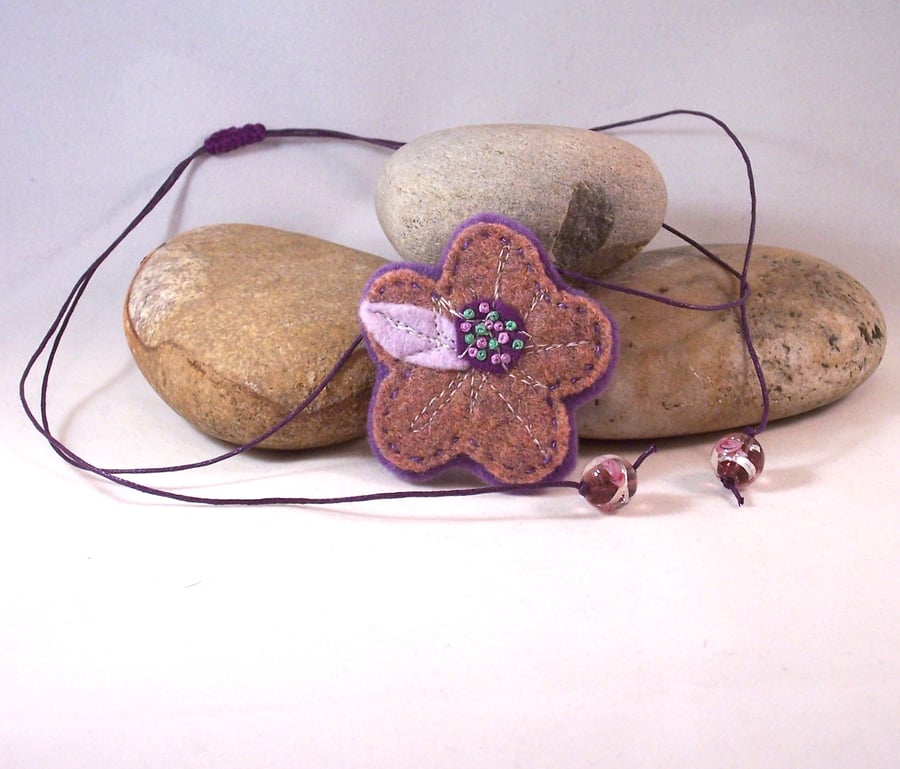 Hand felted and embroidered recycled cashmere flower necklace