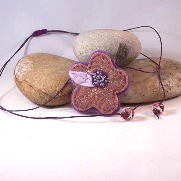 Hand felted and embroidered recycled cashmere flower necklace