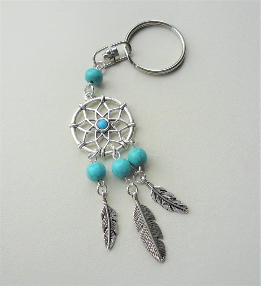 Dreamcatcher Keyring or Bag Charm Turquoise Howlite Silver Feather    KCJ2298