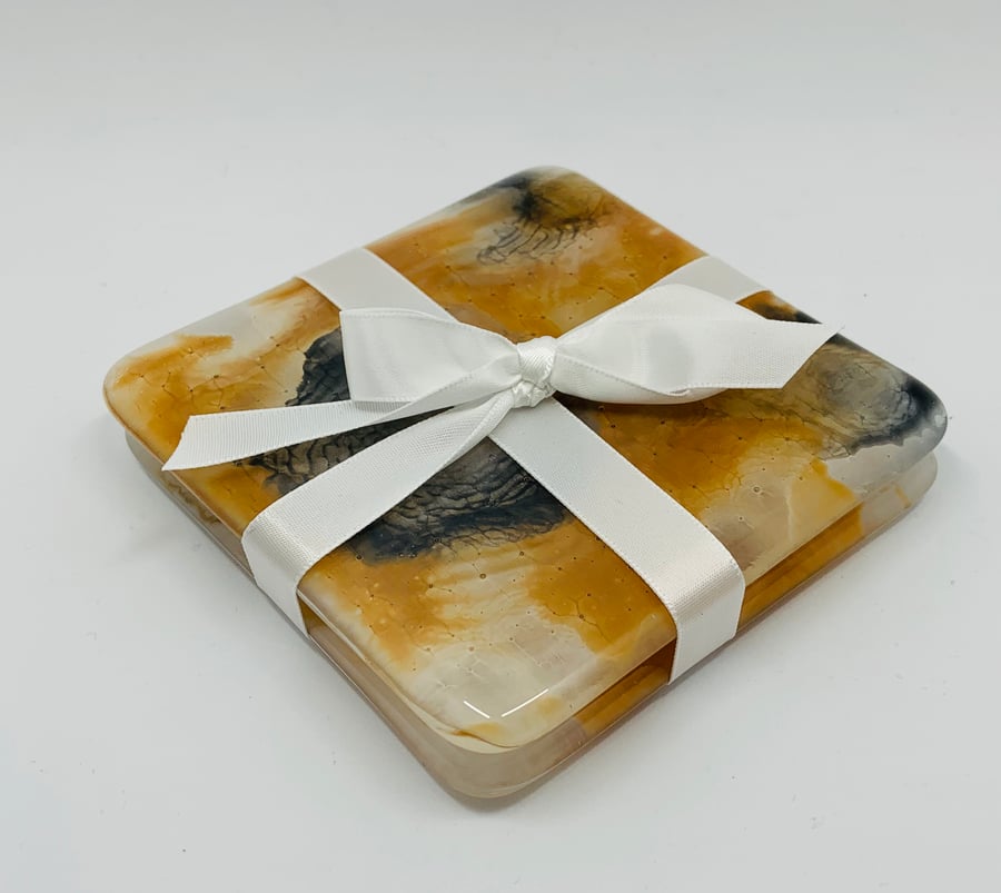 Two Fabulous Fused Glass Coasters painted with enamel paints.