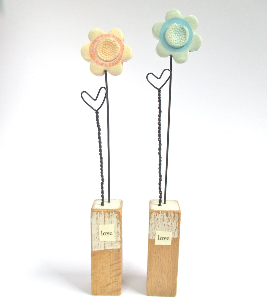 SALE - Clay Painted Flower and Wire Heart on Wooden Block 'love'