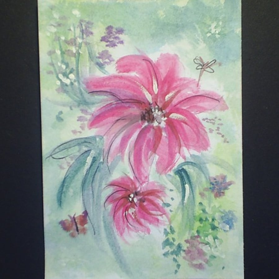 Pink flowers aceo original watercolour by Gweddusart