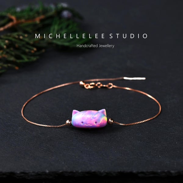 Large Purple 3D Fire Opal Cat Bracelet with 925 Sterling Silver CHain