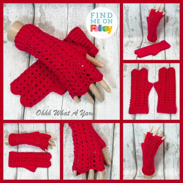 Red ladies crochet gloves, finger less gloves, arm warmers, wrist warmers