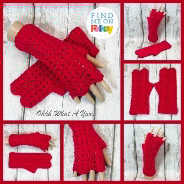 Red ladies crochet gloves, fingeress gloves, arm warmers, wrist warmers