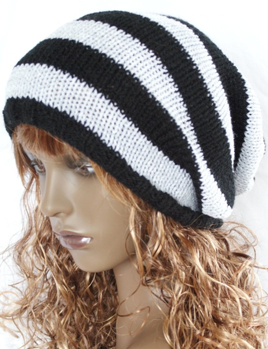 Hand Knitted Black and White Slouchy Beanie Hat