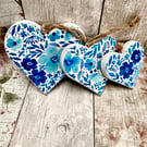 Blue White Floral Decorative Hanging Hearts Chunky Wood Set of 3 Handmade