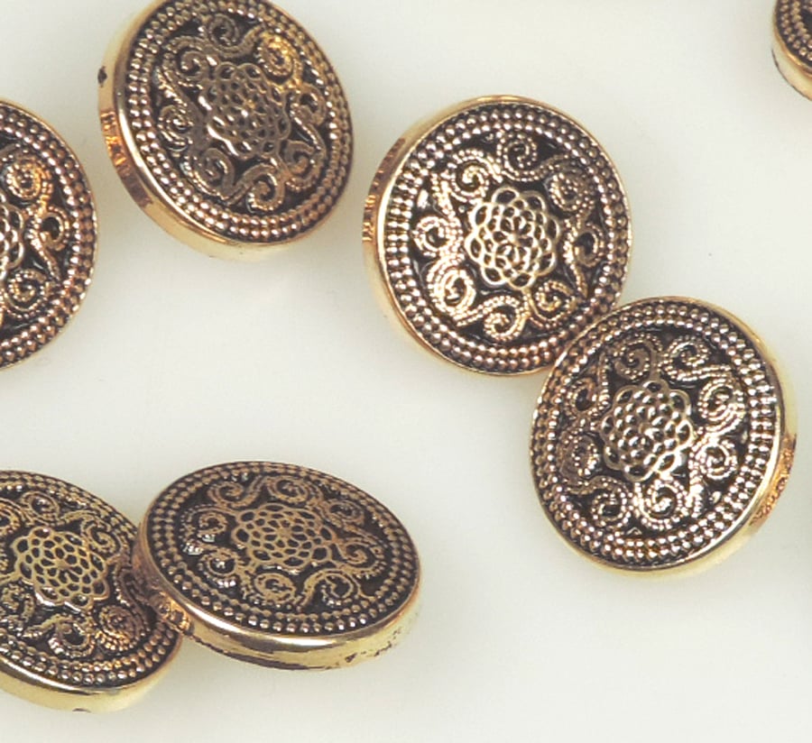 10 x Gold Colour , Metal Type 15mm round button, filigree scroll pattern SALE