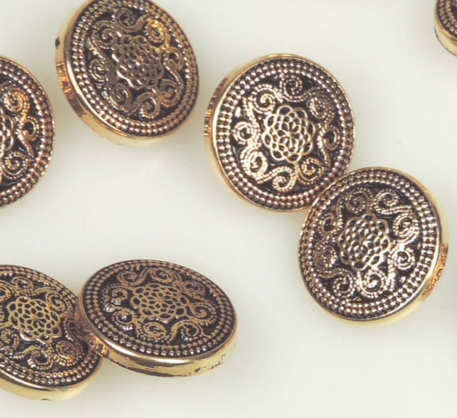 10 x Gold Colour , Metal Type 15mm round button, filigree scroll pattern