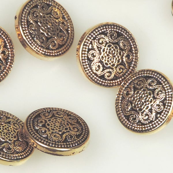 10 x Gold Colour , Metal Type 15mm round button, filigree scroll pattern SALE
