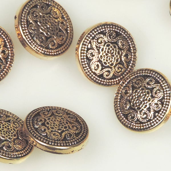 10 x Gold Colour , Metal Type 15mm round button, filigree scroll pattern