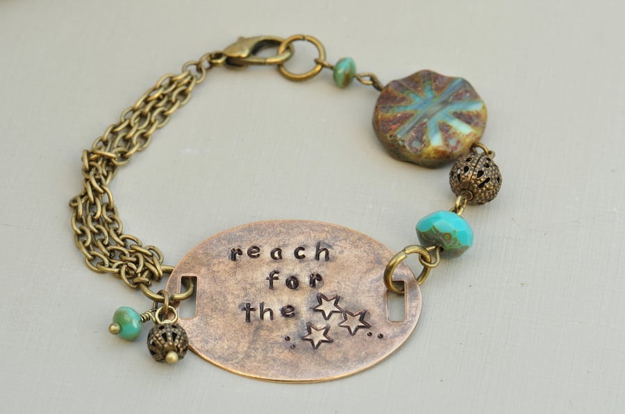 Reach For The Stars Handstamped Vintaj and Czech Bead Bracelet